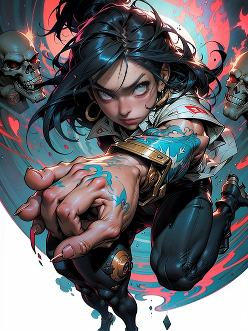 (night time scene), horor, Haunted, dead body, skulls, Vampirella sexly vestindo um maiô vermelho escuro, blood splatters, night at the cemetery, crescent moon, fullmoon, fog, gargoyle, skulls on the ground, oily shiny skin, lateral view, athletic and fit body, naughty, slutty, perfect hands, detailed hands, perfects eyes, Detailed olos, provocative, sexly, naughty, posando, hands and arms at the side, Body cute, heartistry in hand, very muscly, ultra detaild, (beautiful and clear background:1.2),, fantastic paintings ,graffiti style, flowers , a t-shirt or dress with a white blouse underneath, with both fists in fighting position, and bracelets, fighting against an enemy, with long black hair , colorful stained glass, out, Vibrant, Alphonse Mucha Style, fantastic paintings by joe madureira ,high qualiy, artistry,Kelly Brook beautiful woman with long hair , , soul, digital illustration, comic style, Perfect Anatomia, centred, approaching perfection, dynamic, highy detailed, Watercolor painting, artistrystation, artistry conceituale, Soft, sharp focus, illustration, artistry by Carne Griffiths e Wadim Kashin,large breasted,alone anime girl with a medium length pose and cute clothes, short pastel blonde hair , heterochromia, Perfect Anatomia, centred, approaching perfection, dynamic, highy detailed, character sheet, artistrystation, artistry conceituale, Soft, sharp focus, illustration, artistry by kim jung gi,, artistrygerm, Carne Griffiths e Wadim Kashin , Sasha Yakovleva, lazy, Jeremy Mann, full body shot shot, character sheet, lightning wave, beautiful anime Watercolor painting, realisitic, HDR, ultra HD, dynamic