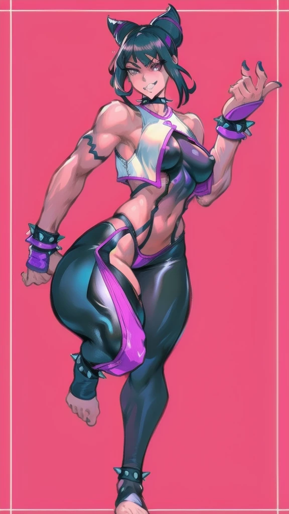 Full body image of Juri Han from Street Fighter 5, wearing her original outfit (black and purple clothes with spiked accents, barefoot with taped feet, and arm guards), short black hair styled in twin buns, female body, athletic and flexible body, dynamic pose, detailed pose, simple background, expressive face showing a mischievous grin, focus on face, line art, sketch