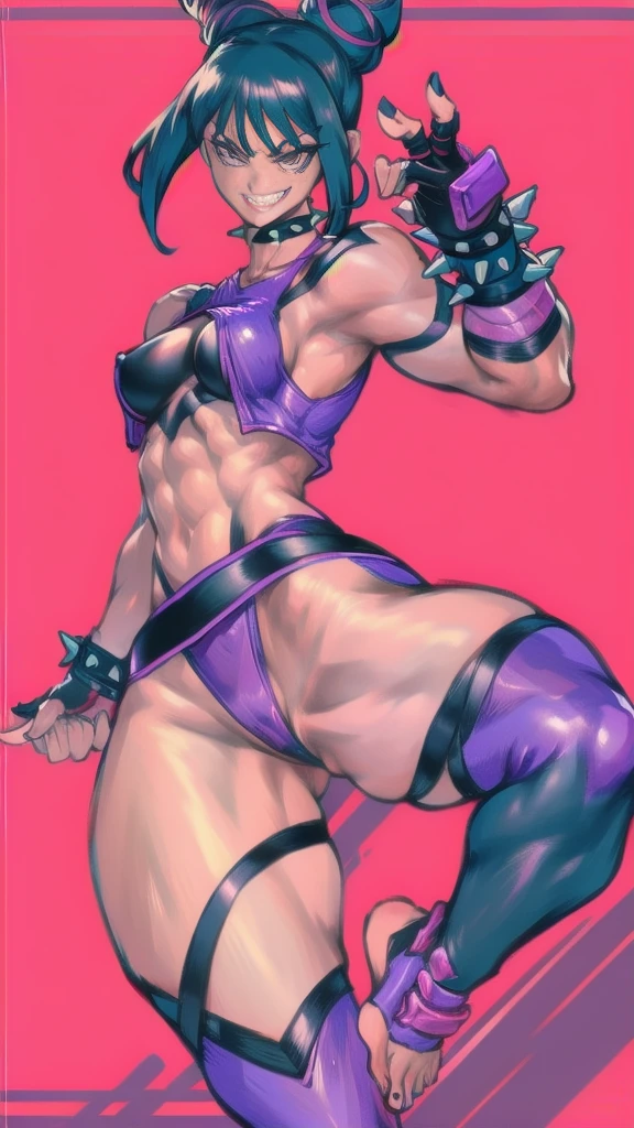 Full body image of Juri Han from Street Fighter 5, wearing her original outfit (black and purple clothes with spiked accents, barefoot with taped feet, and arm guards), short black hair styled in twin buns, female body, athletic and flexible body, dynamic pose, detailed pose, simple background, expressive face showing a mischievous grin, focus on face, line art, sketch