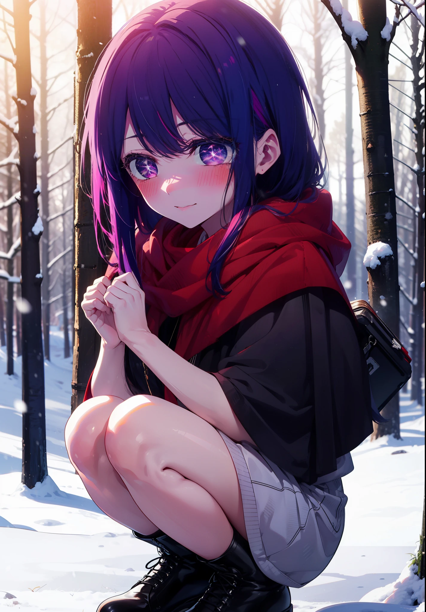 aihoshino, Ai Hoshino, Long Hair, bangs, (Purple eyes:1.1), Purple Hair, (Symbol-shaped pupil:1.5), smile,,smile,blush,white breath,
Open your mouth,snow,Ground bonfire, Outdoor, boots, snowing, From the side, wood, suitcase, Cape, Blurred, , forest, White handbag, nature, Squat, Mouth closed, Cape, winter, Written boundary depth, Black shoes, red Cape break looking at viewer, Upper Body, whole body, break Outdoor, forest, nature, break (masterpiece:1.2), Highest quality, High resolution, unity 8k wallpaper, (shape:0.8), (Beautiful and beautiful eyes:1.6), Highly detailed face, Perfect lighting, Extremely detailed CG, (Perfect hands, Perfect Anatomy),