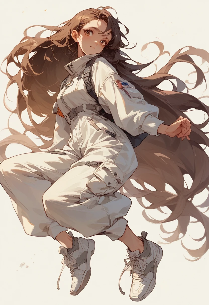 Very detailed、whole body、Brown hair semi-long hair、Wear a white jumpsuit、Wear white sneakers、Repair the powered suit、I'm in the garage、woman