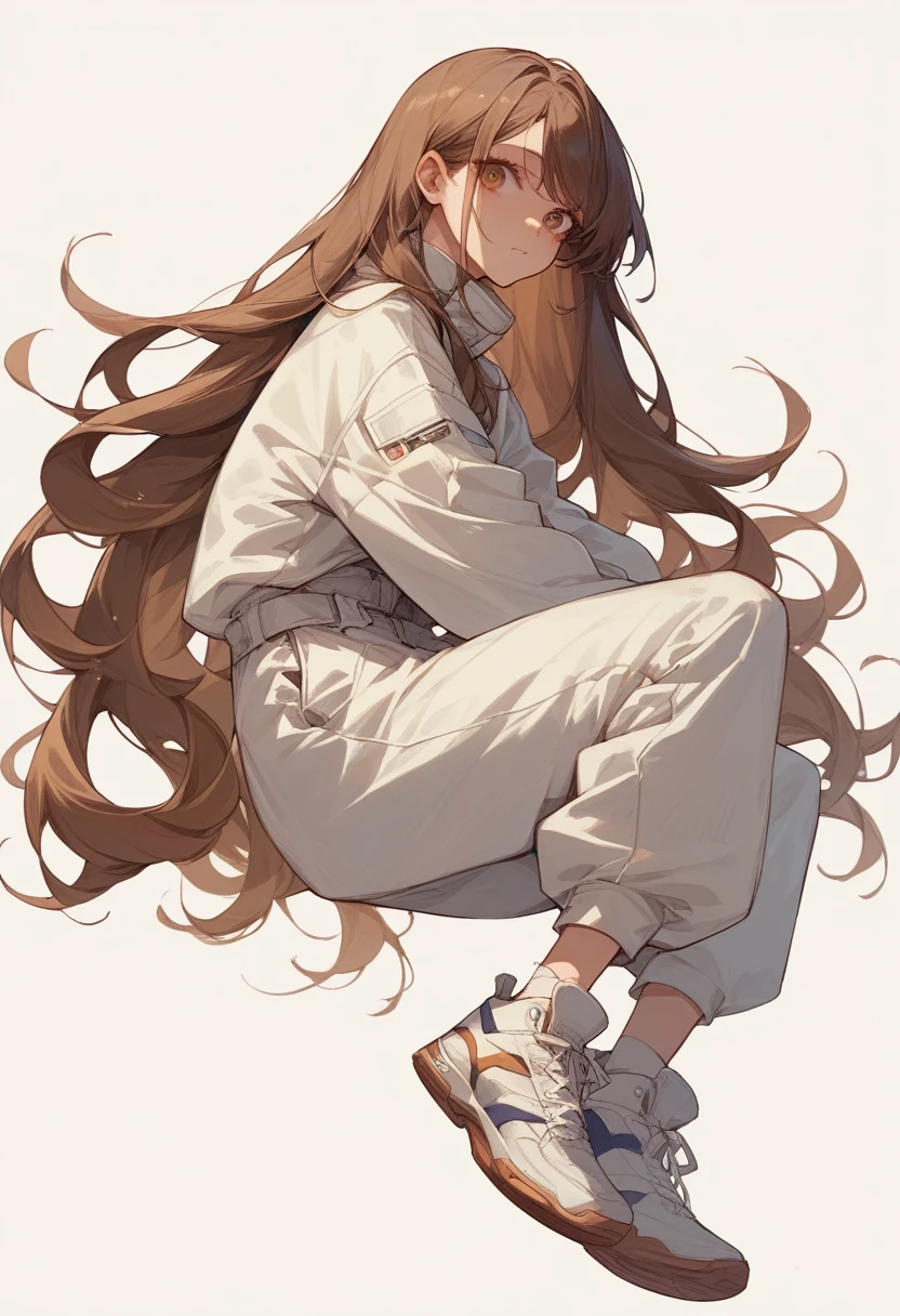 Very detailed、whole body、Brown hair semi-long hair、Wear a white jumpsuit、Wear white sneakers、Repair the powered suit、I&#39;m in the garage、woman