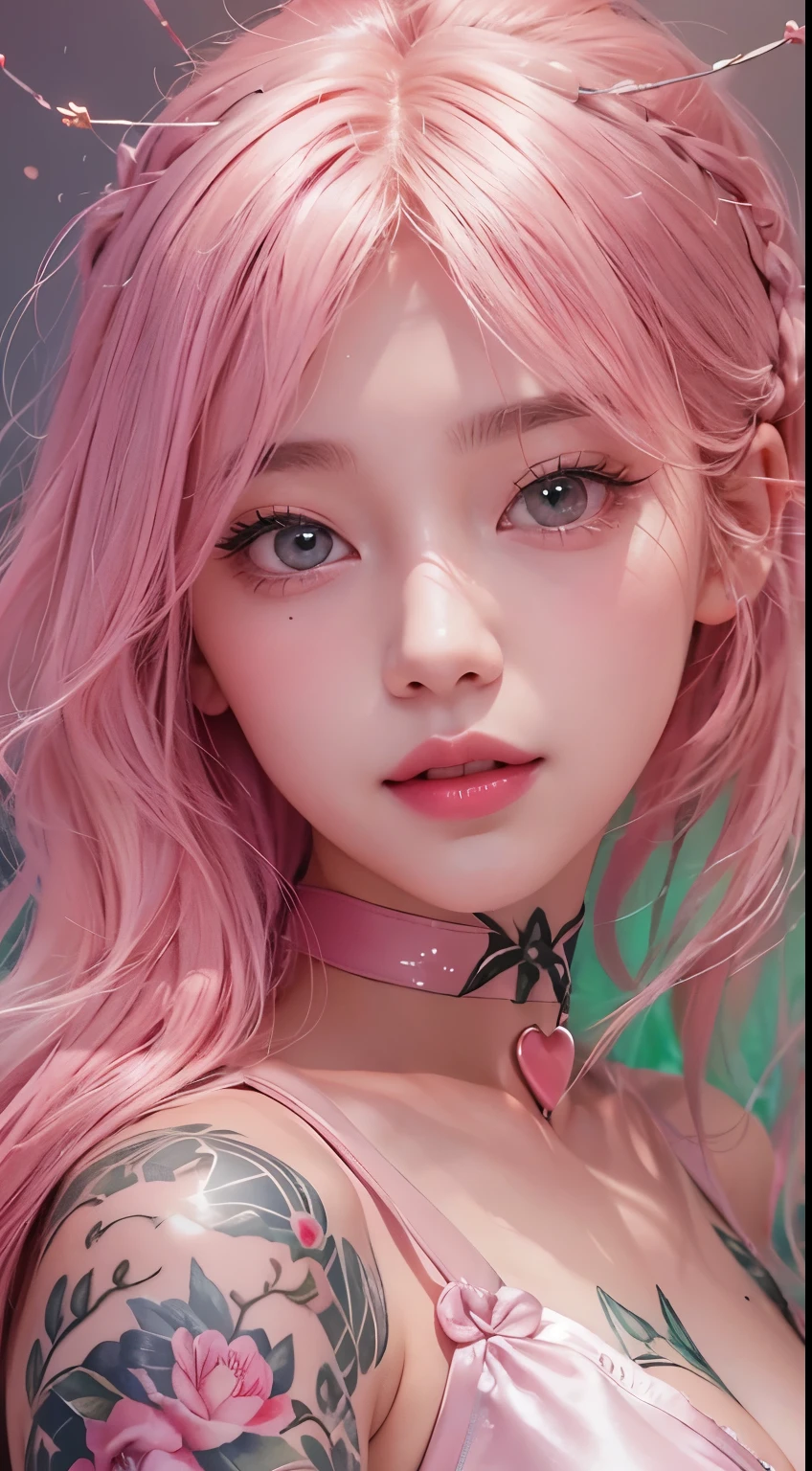 1 girl,（captivating quality：1.4），（Top quality, truly textured skins), delicate face,pink twintail hair, gradient hair, （perfect body：1.1），heart shaped choker、long eyelashes,smile with one&#39;s teeth exposed, hyperrealism, movie lights, Insert projection, surrealism, hyper hd, table top，Dream On，Wear transparent silk pajamas,camel toe，tattooed，A space of illusion，luxurious space