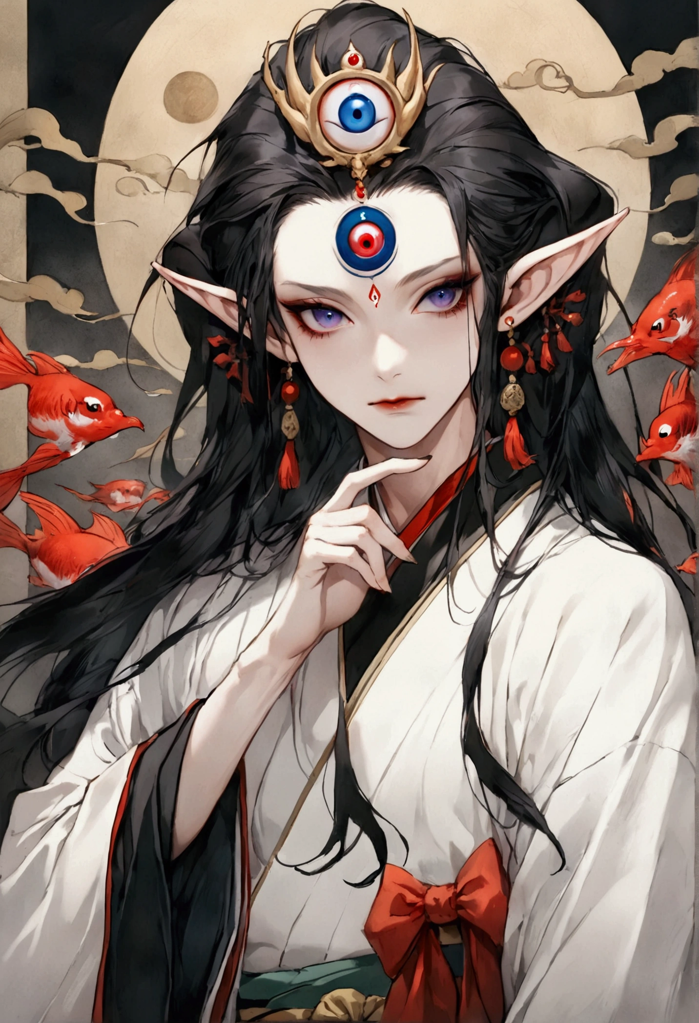 Dark illustration，(((1 Prince，独奏，third eye on the forehead，Dark eyeshadow.Elf ears))),(((Japanese clothing：1.6))).whole body