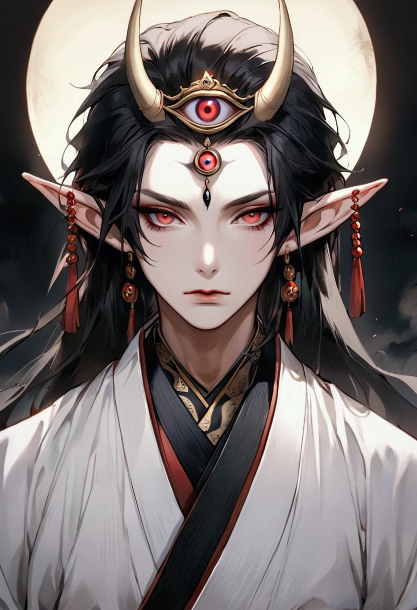Dark illustration,(((1 Prince,独奏,third eye on the forehead,Dark eyeshadow.Elf ears))),(((Japanese clothing:1.6))).whole body