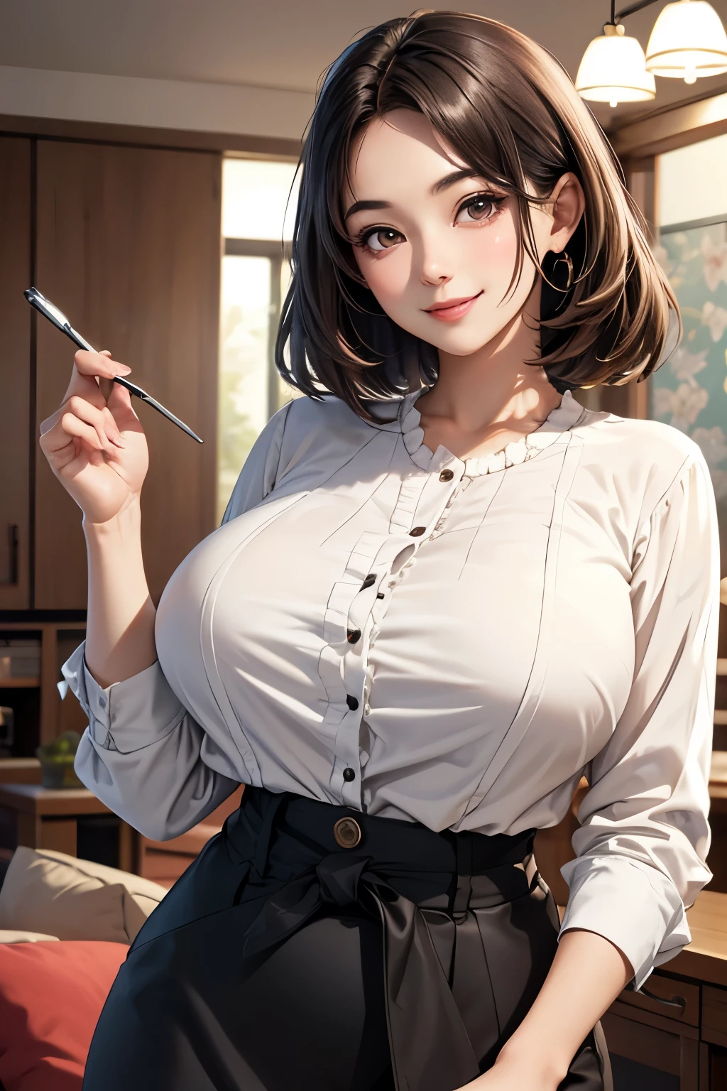 (超High resolution,4K,Very detailed, photograph, 8k, High resolution, High resolution, Absurd:1.2),20-year-old Japan female,Black Hair,Beautiful character design,Beautifully detailed eye depiction,Perfect Face,Expressive eyes,Brown eyes,Please smile with your teeth showing,teacher,White blouse,Tight knit skirt,(Huge breasts:1.2),Tight waist,Mature Woman,Natural smile,at living room,evening