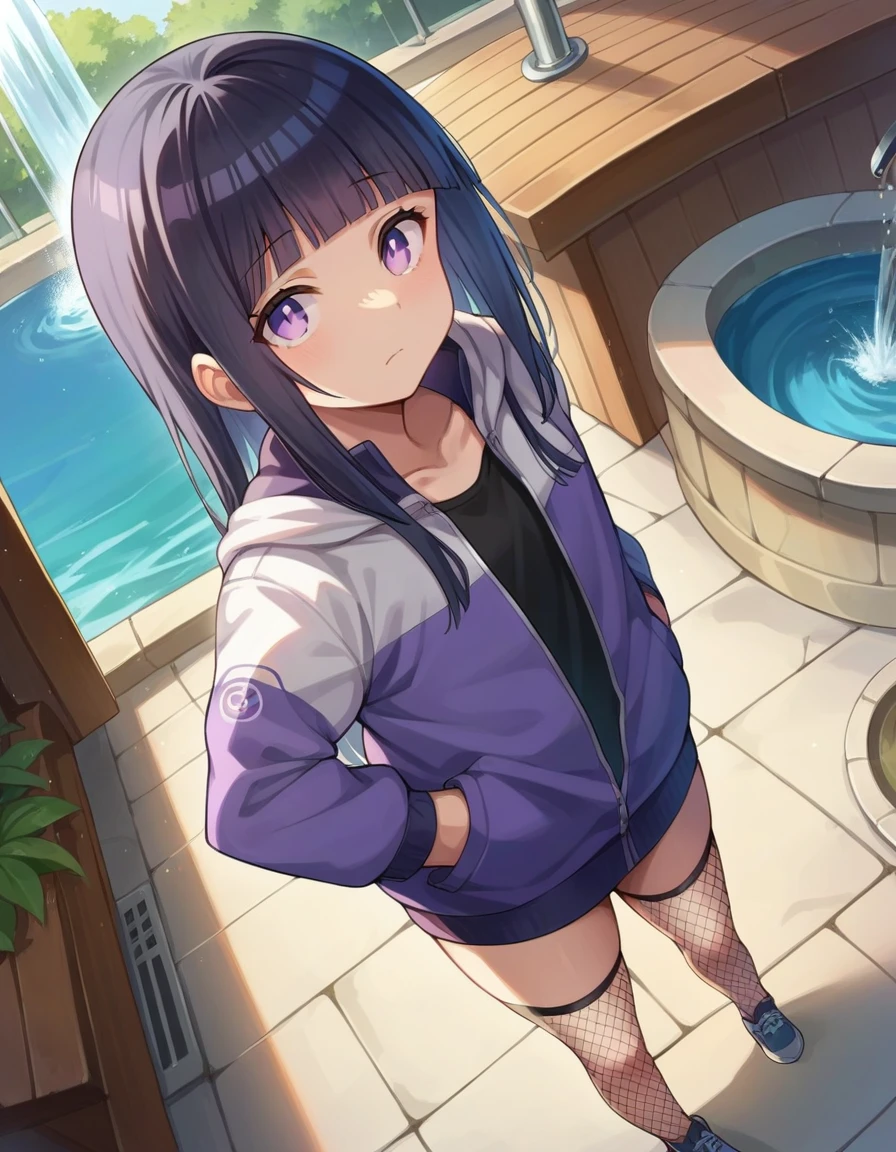 score_9, score_8_above, score_7_above, fountain_cheered up,
hinatahyuuga, Hinata Hyuuga, byakugan, black fur, blunt bangs, wide, Straight hair,
fishnet stockings, forehead protector, Jacket, symbol of konohagakure,
inside,
looking at the viewer, dutch angle, cowboy shot,sexy pose,NSFW