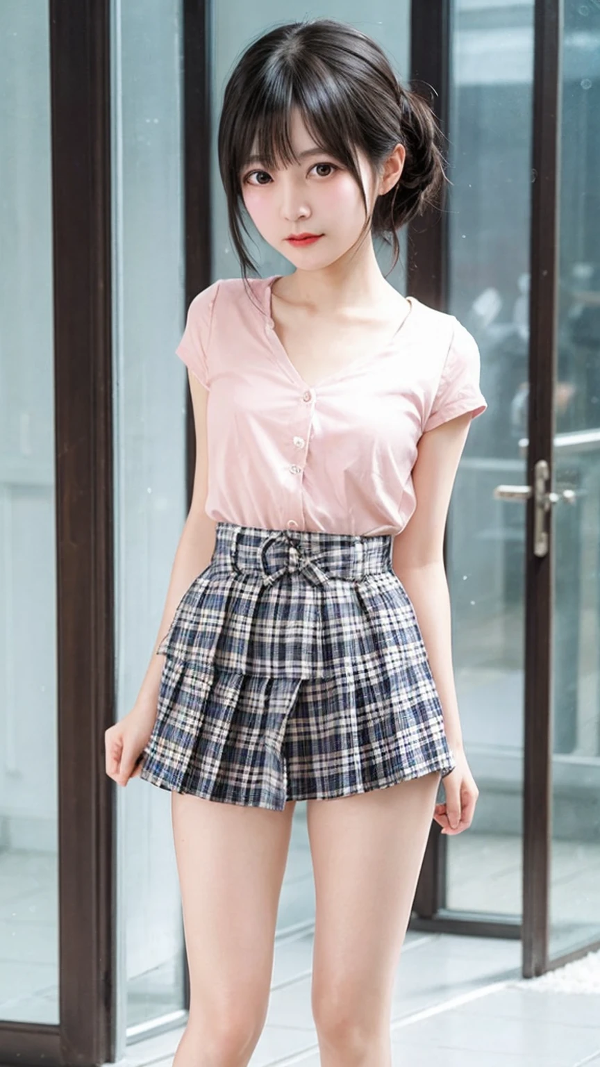 A beautiful girl with a super cute face and a tsundere personality、The highest standard of ultra-high definition full-body photos、(Small face)、No makeup、Sexy lips、Chignon hairstyle、ChestＴshirt、Gingham check pleated skirt、bust８８CM、Waist４７CM、Hip８５CM