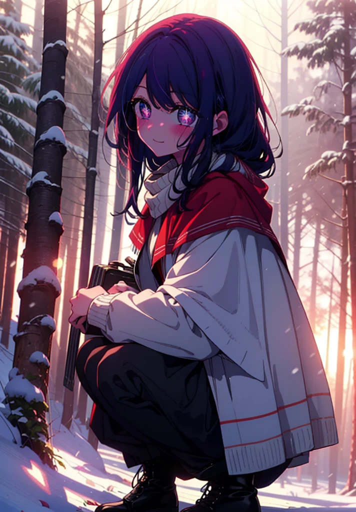 aihoshino, Ai Hoshino, Long Hair, bangs, (Purple eyes:1.1), Purple Hair, (Symbol-shaped pupil:1.5), smile,,smile,blush,white breath,
Open your mouth,snow,Ground bonfire, Outdoor, boots, snowing, From the side, wood, suitcase, Cape, Blurred, , forest, White handbag, nature,  Squat, Mouth closed, Cape, winter, Written boundary depth, Black shoes, red Cape break looking at viewer, Upper Body, whole body, break Outdoor, forest, nature, break (masterpiece:1.2), Highest quality, High resolution, unity 8k wallpaper, (shape:0.8), (Beautiful and beautiful eyes:1.6), Highly detailed face, Perfect lighting, Extremely detailed CG, (Perfect hands, Perfect Anatomy),