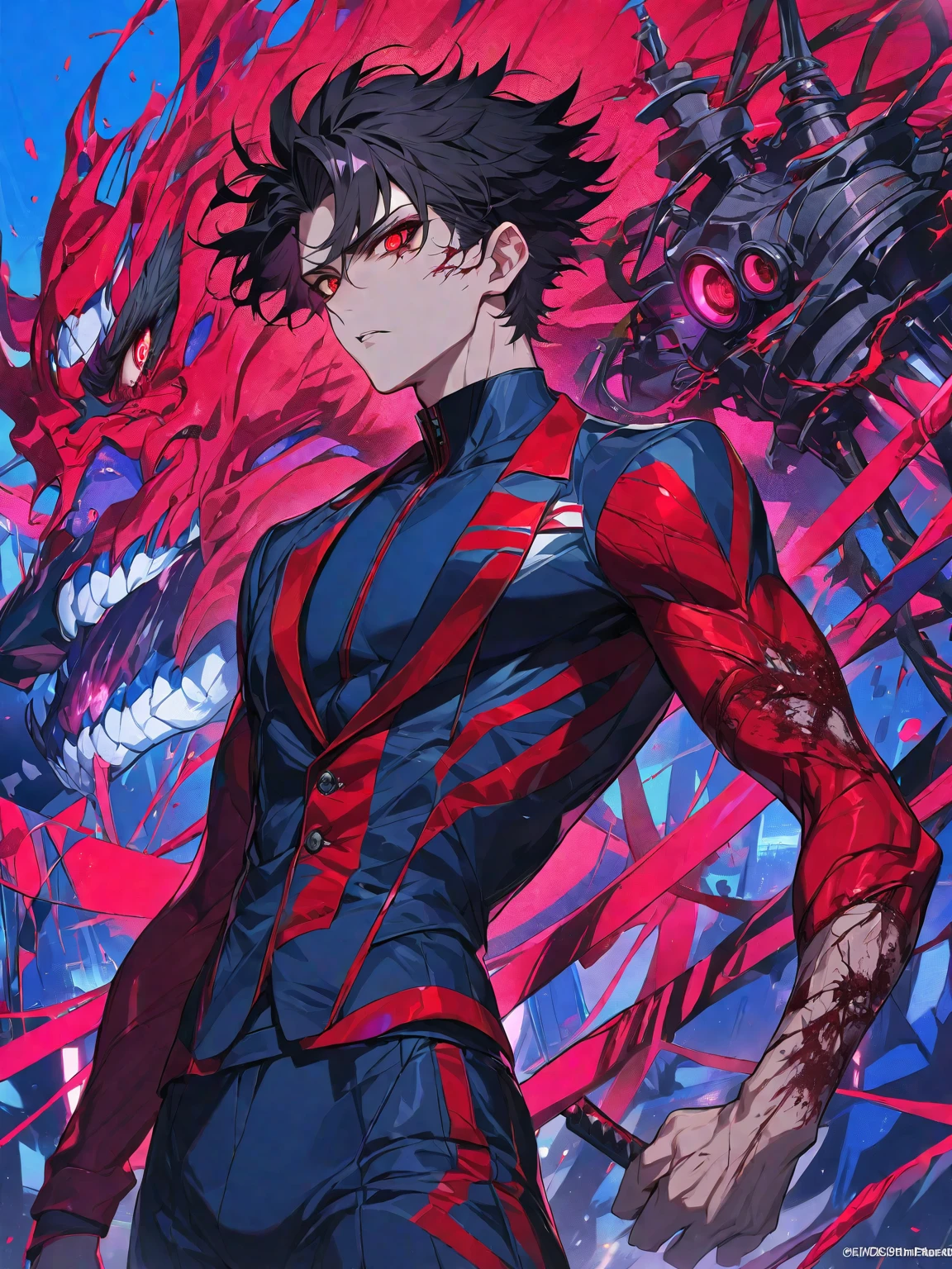 One, beautiful, 1 man, tall, with a sporty body, V-shaped body, black-bard Britannia suit with bloody elements, red veins on the arm, bloody details, model hair, short hair, black hair, blood red eyes, neon eyes, red threads, black light