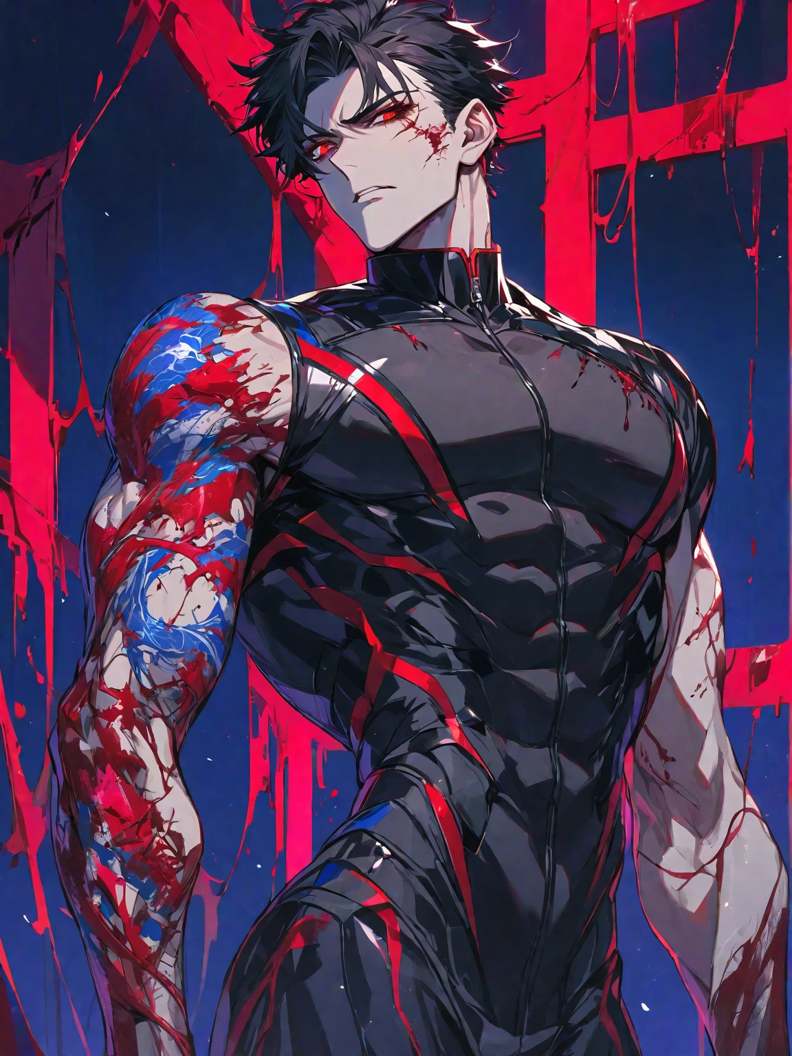 One, beautiful, 1 man, tall, with a sporty body, V-shaped body, black-bard Britannia suit with bloody elements, red veins on the arm, bloody details, model hair, short hair, black hair, blood red eyes, neon eyes, red threads, black light