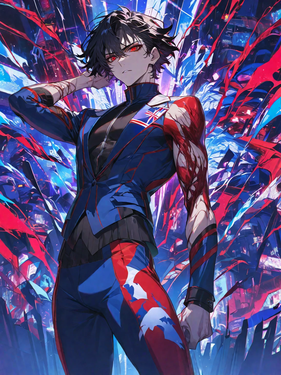 One, beautiful, 1 man, tall, with a sporty body, V-shaped body, black-bard Britannia suit with bloody elements, red veins on the arm, bloody details, model hair, short hair, black hair, blood red eyes, neon eyes, red threads, black light