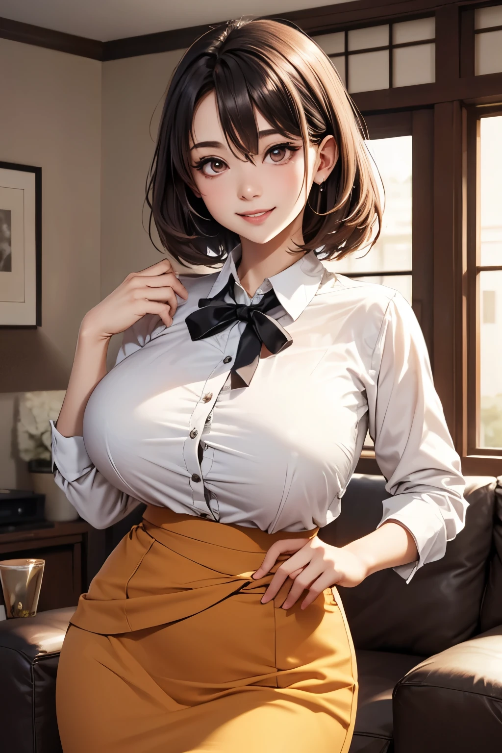 (超High resolution,4K,Very detailed, photograph, 8k, High resolution, High resolution, Absurd:1.2),20-year-old Japan female,Black Hair,Beautiful character design,Beautifully detailed eye depiction,Perfect Face,Expressive eyes,Brown eyes,Please smile with your teeth showing,banker,A business-style collared shirt that fits snugly against the skin,Fitted Spandex Apricot Pencil Skirt,(Huge breasts:1.2),Tight waist,Mature Woman,Natural smile,at living room,evening