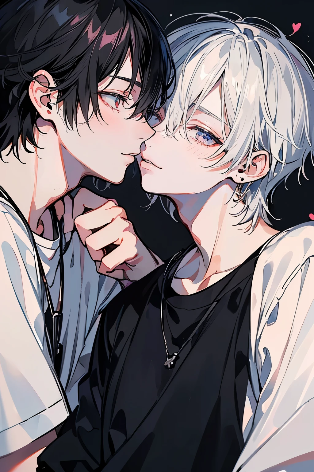 (Mastepiece), (Best Quality), Very detailed, ((Two men kissing on the cheek)), Perfect Face, (Happy Face:1.3)、Beautiful Face, Very detailed顔,(One black-haired man:1.3),(One white-haired man:1.3),T-Shirts、smile、bed