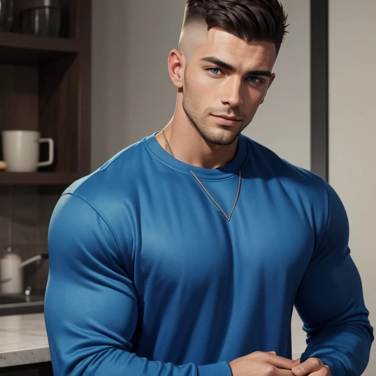 a very handsome man, with a Mid fade haircut, muscular, wearing a blue sweatshirt, seen close up