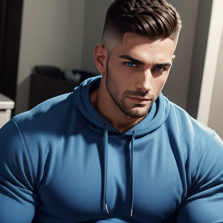 a very handsome man, with a Mid fade haircut, muscular, wearing a blue sweatshirt, seen close up