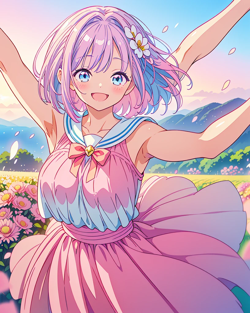 (Highest quality, 32K, High resolution, Masterpiece:1.5), One Girl, Cute anime-style illustrations, god々It has a brilliant and healing power., , Expressing emotions, Have a rich imagination, Cute Japanese Girls, Perfect Human Anatomy, Big light blue eyes, Motherhood and generosity, Deep Love, ((A happy smile:1.8)), ((Shiny pink hair:1.5)), Short hair swaying in the wind, Asymmetrical bangs, Hair between the eyes, Transparent, soft white skin, Sharp eyebrows, Thin lashes, Natural Makeup, Detailed and cute lips, (Magical Girl Costumes:1.2), ((A flower field that stretches to the horizon:1.2)), Slim figure with ample breasts, Beautifully detailed skies, ((Vibrant petal effect:1.2)), god秘的
