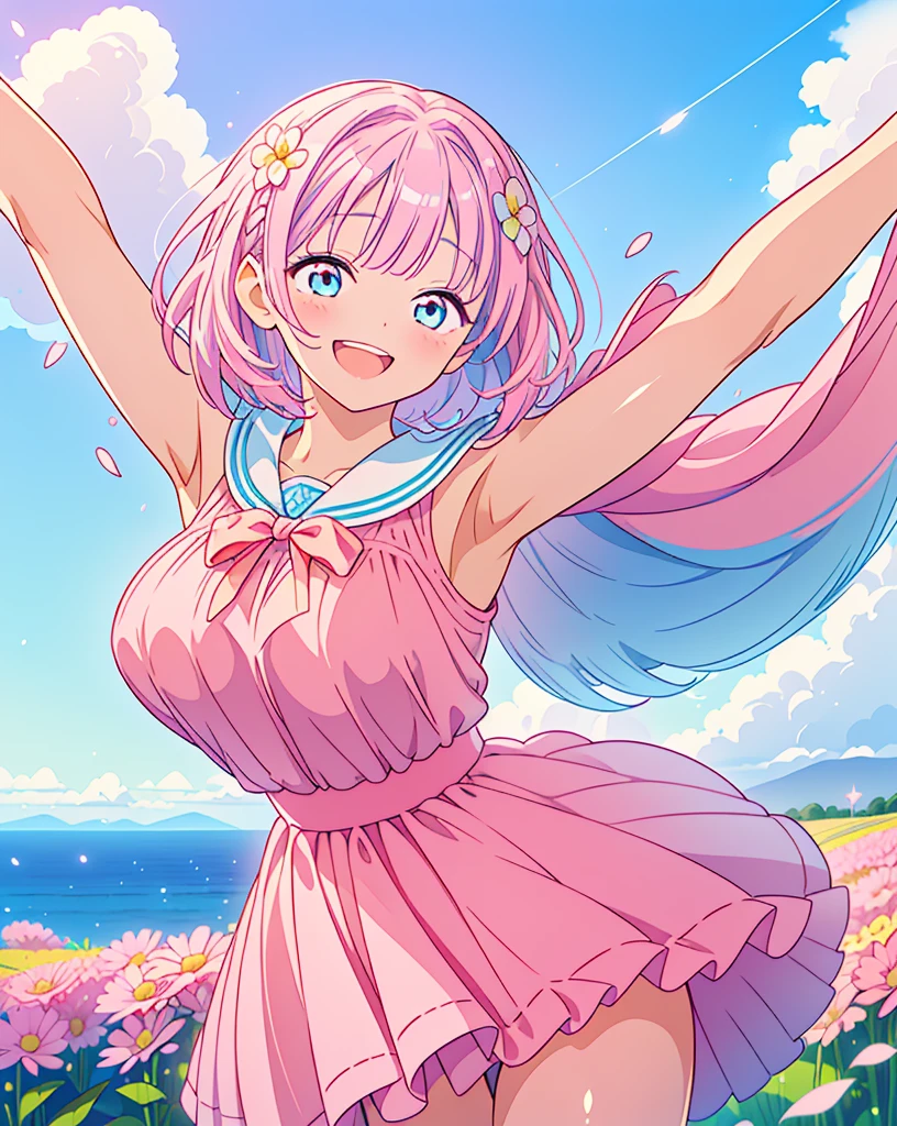 (Highest quality, 32K, High resolution, Masterpiece:1.5), One Girl, Cute anime-style illustrations, god々It has a brilliant and healing power., , Expressing emotions, Have a rich imagination, Cute Japanese Girls, Perfect Human Anatomy, Big light blue eyes, Motherhood and generosity, Deep Love, ((A happy smile:1.8)), ((Shiny pink hair:1.5)), Short hair swaying in the wind, Asymmetrical bangs, Hair between the eyes, Transparent, soft white skin, Sharp eyebrows, Thin lashes, Natural Makeup, Detailed and cute lips, (Magical Girl Costumes:1.2), ((A flower field that stretches to the horizon:1.2)), Slim figure with ample breasts, Beautifully detailed skies, ((Vibrant petal effect:1.2)), god秘的