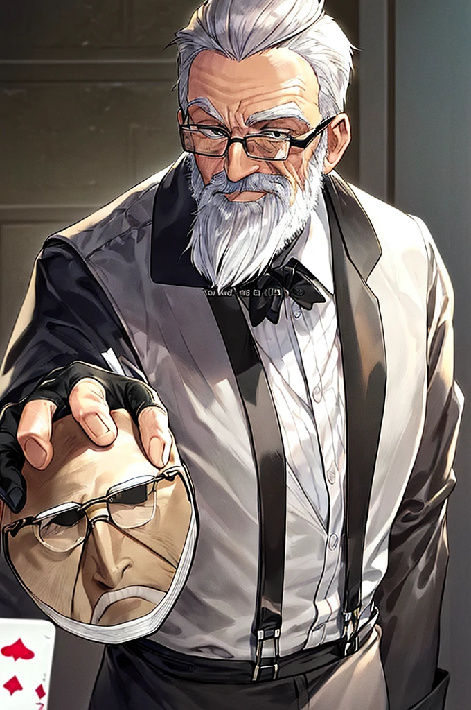 masterpiece, best quality, elderly man, skinny, very short gray hair, unshaven beard, circular glasses, black hat, black gloves, white shirt with black suspenders, beige jacket on top, friendly smile, poker card in his hand, letter close to his face, looking forward.