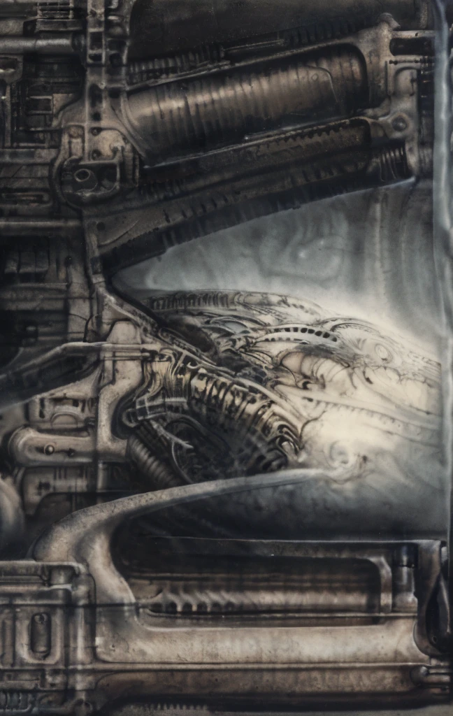 g1g3r, The image is a detailed view of H.R. Giger's biomechanical tableau \" LANDSCAPE No 312 \" plate, featuring
a complex, intricate, and detailed design of endless Machine in the transit spaceover the cascade of fallen water, that appears to be a fusion of organic and mechanical elements, with a focus on the interplay between the two.The piece is a tableau, most likely created with a India ink pen or pencil on paper, determined by the thin lines, shading techniques, and the texture of the paper, which is visible around the edges.
Used is pen, given the shading and variations in line weight visible in the image. Artist have used a variety of stylus with different degrees of hardness to achieve the shading effects.
The use of undersaturated green-grays dark contrasts creates a stark and graphic look. Is used a variety of linework techniques to create different textures. Fine, parallel lines create a smooth, metallic texture,while thicker, more cursive lines suggest cables or wires.
Light source from the top highlights skeletals, pper part of foreground, lower part of image is in shadowupper part of foreground, lower part of image is in shadow.
The art performance showcases the artist’s skills in observation and rendering. The level of detail in the piece suggests a close study of real bone specimens and mechanics. The artist has skillfully used shading techniques to create a convincing illusion of three-dimensionality on a flat surface. The wrinkles and cracks in the surface, and the cast shadows with accuracy, used shading techniques to create a realistic depiction of light and shadow on the objects. This creates a sense of depth and dimension in the image. The artist has used careful linework to depict the contours and textures in the piece
Sharp focus on foreground elements illustration. Deep and delicate DOF. Big painting. Stored in Louvre masterpiece, ooze soaked pajama top