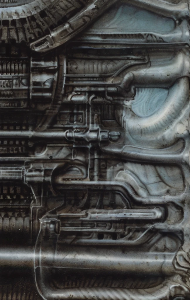 g1g3r, The image is a detailed view of H.R. Giger's biomechanical tableau \" LANDSCAPE No 312 \" plate, featuring
a complex, intricate, and detailed design of endless Machine in the transit spaceover the cascade of fallen water, that appears to be a fusion of organic and mechanical elements, with a focus on the interplay between the two.The piece is a tableau, most likely created with a India ink pen or pencil on paper, determined by the thin lines, shading techniques, and the texture of the paper, which is visible around the edges.
Used is pen, given the shading and variations in line weight visible in the image. Artist have used a variety of stylus with different degrees of hardness to achieve the shading effects.
 The use of undersaturated green-grays dark contrasts creates a stark and graphic look. Is used a variety of linework techniques to create different textures. Fine, parallel lines create a smooth, metallic texture,while thicker, more cursive lines suggest cables or wires.
Light source from the top highlights skeletals, pper part of foreground, lower part of image is in shadowupper part of foreground, lower part of image is in shadow.
The art performance showcases the artist’s skills in observation and rendering. The level of detail in the piece suggests a close study of real bone specimens and mechanics. The artist has skillfully used shading techniques to create a convincing illusion of three-dimensionality on a flat surface. The wrinkles and cracks in the surface, and the cast shadows with accuracy, used shading techniques to create a realistic depiction of light and shadow on the objects. This creates a sense of depth and dimension in the image. The artist has used careful linework to depict the contours and textures in the piece
Sharp focus on foreground elements illustration. Deep and delicate DOF. Big painting. Stored in Louvre masterpiece, ooze soaked pajama top
