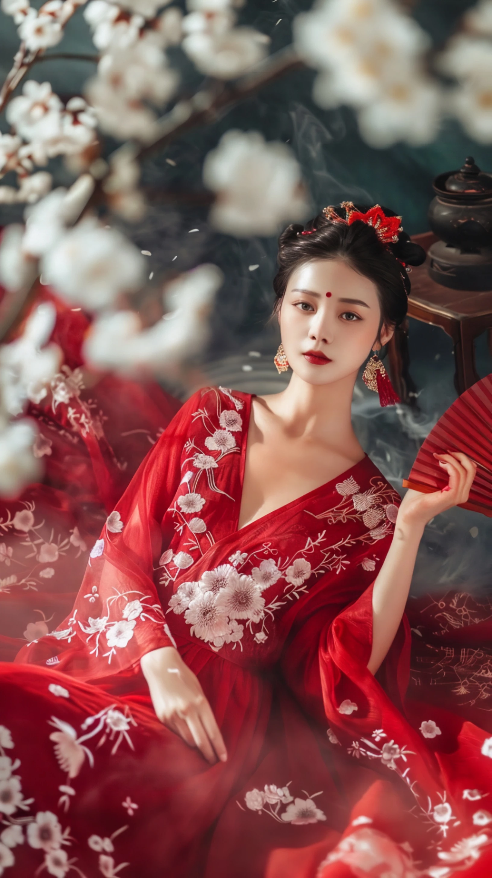 古风美人，红衣飘飘，梅花环绕