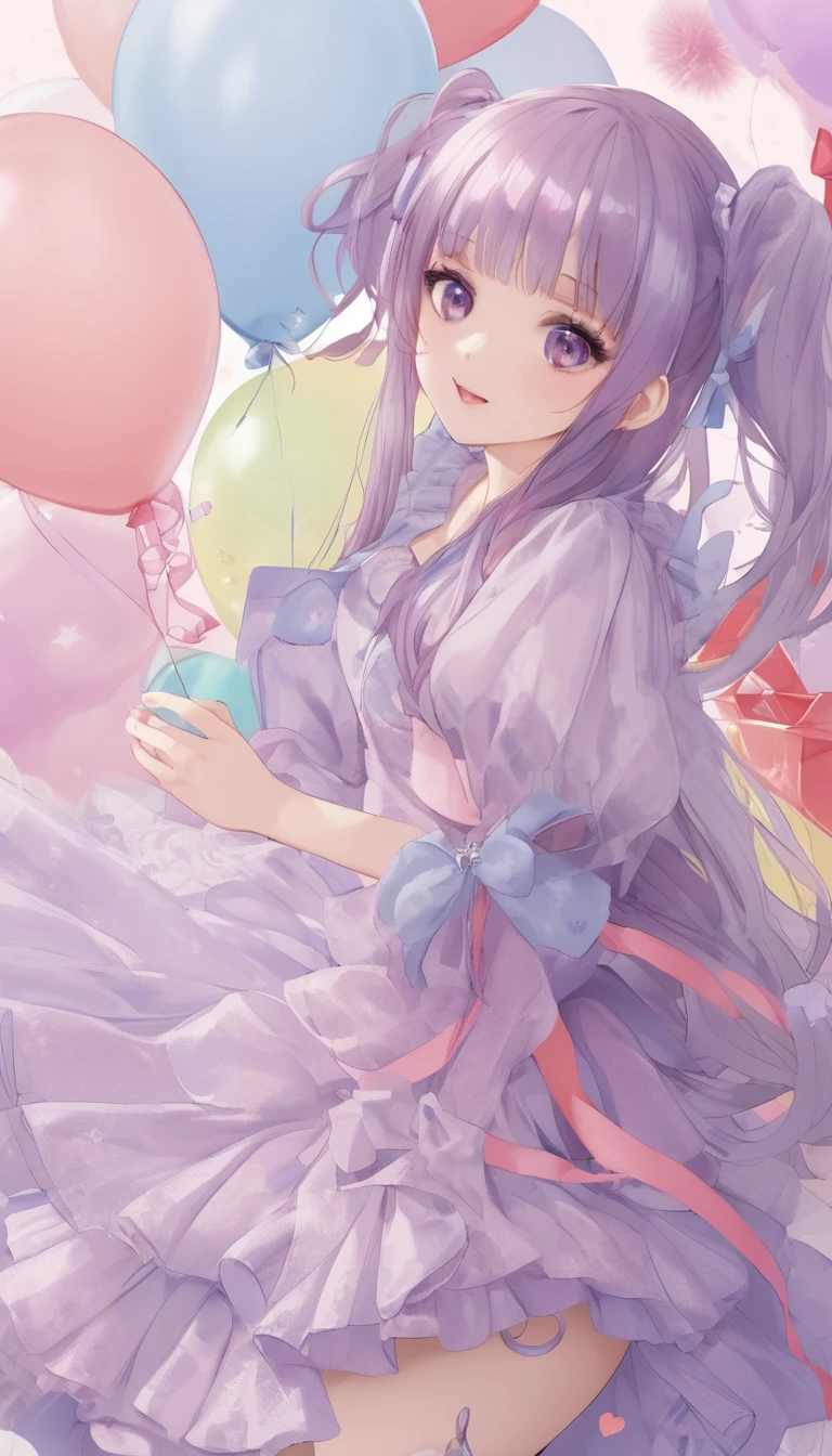(whole body, legs and shoes visible: 1.2)) Expressive eyes, One girl, Pale skin, Long Hair, Windblown Hair, ((absurdly Long Hair)), Long Side Lock, Princess bangs, Hair bangs, Hair Bun, ((Very long twin tails)), Rainbow Hair, Light pink hair, blush, full face blush, big sparkling Pastel Purple eyes, (Gradient Eye), Laughing with your mouth open, cute pose, ((Holding a balloon : 1.3)) ((cute and pastel fashion)) ((🦄🎠🎈🎉 theme : 1.4)) A loose pastel dress, ((Dreamy multi-colored open dress)), (Floating ribbon), Lavender Frill, Pink frills, (Light blue lace), Removable short sleeves, Fluffy skirt, ((Rainbow and star printed skirt : 1.3)), ta Skirt, Purple ribbon, ((pom pom ribbon hair ornament : 1.4)), Multiple Bows, Striped lace stockings, (heart型のレッグガーター), cute (Pastel Purple) shoes ((Ultra-detailed clothing and fashion)) I'm watching you, Vintage Girl, blush, (Beautiful attention to detail), (Highly detailed CG Unity 8k wallpaper) (Best Shadow), ((Very delicate and beautiful)), (Detailed light), ((Depth of written boundary)) Big Head, Big, bright eyes, Moe, Splash Art, Cinema Lighting, Front view, volumetric lighting maximalist photo illustration k resolution high resolution intricate detailed complex key visuals precise linear ((Dreamy pastel sky background, Surrounded by sunset clouds, shooting star, Castle above the clouds)) ((Ultra-detailed landscapes, Foggy clouds, Hung by balloons, heart : 1.3))