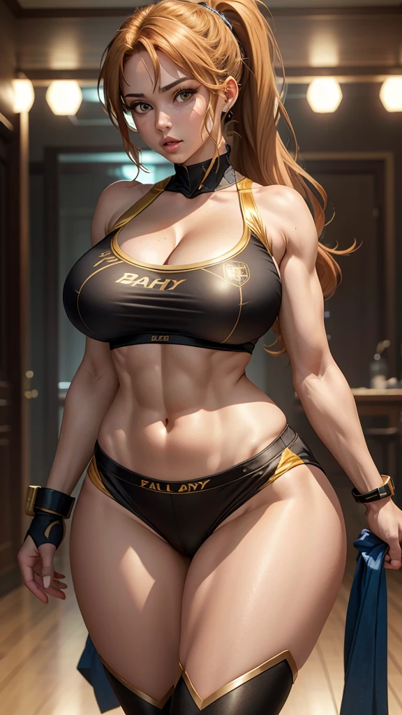 Muscle definition: She has clearly visible muscle lines, especially the V-cut abs and the firmness in her arms, showing signs of regular training. Proportionate physique: Her body is well-proportioned, without excess fat. The ratio of muscle to fat is just right, demonstrating a healthy physique. Upright posture: Long-term exercise has made her back and neck lines particularly upright, appearing confident and powerful when she walks. Leg strength: Her leg muscles are solid and strong, capable of displaying good athletic ability whether doing squats or running. Clothing characteristics: Sports bra: She wears a professional sports bra that provides good support and comfort, also showcasing her fit upper body lines. Tights: A pair of tight-fitting leggings can highlight her leg lines while also allowing her of movement in various exercises. Athletic shoes: A pair of professional athletic shoes not only provide necessary cushioning and support but are also an indispensable part of her fitness gear. Fitness accessories: She may wear a fitness band or smartwatch to monitor her heart rate and calorie consumption. A headband or sports cap can absorb sweat and keep her vision clear. Color coordination: Her clothing colors are bright, possibly chosen to be motivating to herself or in harmony with the gym environment.thick thighs，fleshy thighs，revealing her thighs，big natural breasts，huge round breasts，busty girl，supermodel figure，perfect body