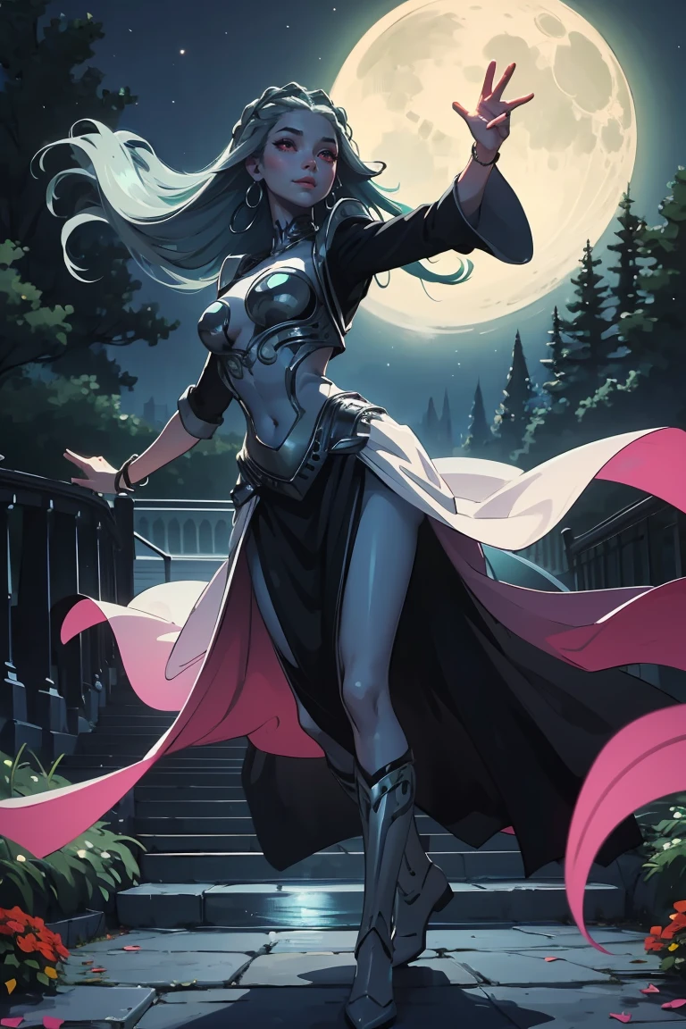 Goddess ((goddess-like woman)), slim elegant silhouette, masterpiece, grey-skinned, (close angle), best quality, sweet face, (masterpiece:1,2, best quality), (real picture, intricate details), (1 lady , solo, medium tits, slim waistline, ), (gray skin, mint hair, red glowing eyes), a woman with long hair, red eyes, colored skin, floating hair, she has an impressive presence., long hair, bracelet, hoop earrings, jewelry, beautiful face, beautiful eyes, she looks at the viewer, she wears a black dress, Boots, sweet irresistible smile, elegant pose, elegant hands, beautiful hands, perfect fingers,, background: Park at night, Park, a beautiful park, trees, walkway, flowers, bushes, at night, beautiful full moon night, full moon