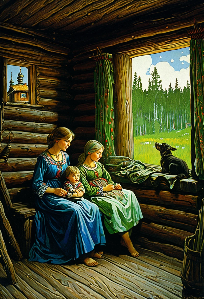 a painting of a woman and two children in a cabin, russian folk fairytale, by Ivan Bilibin, slavic folk fairytale, by Fyodor Alekseyev, by Grytė Pintukaitė, inspired by Ivan Bilibin, by Ilya Glazunov, by Stanislav Zhukovsky, by Vassily Maximov