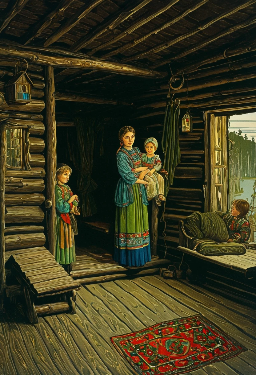 a painting of a woman and two children in a cabin, russian folk fairytale, by Ivan Bilibin, slavic folk fairytale, by Fyodor Alekseyev, by Grytė Pintukaitė, inspired by Ivan Bilibin, by Ilya Glazunov, by Stanislav Zhukovsky, by Vassily Maximov