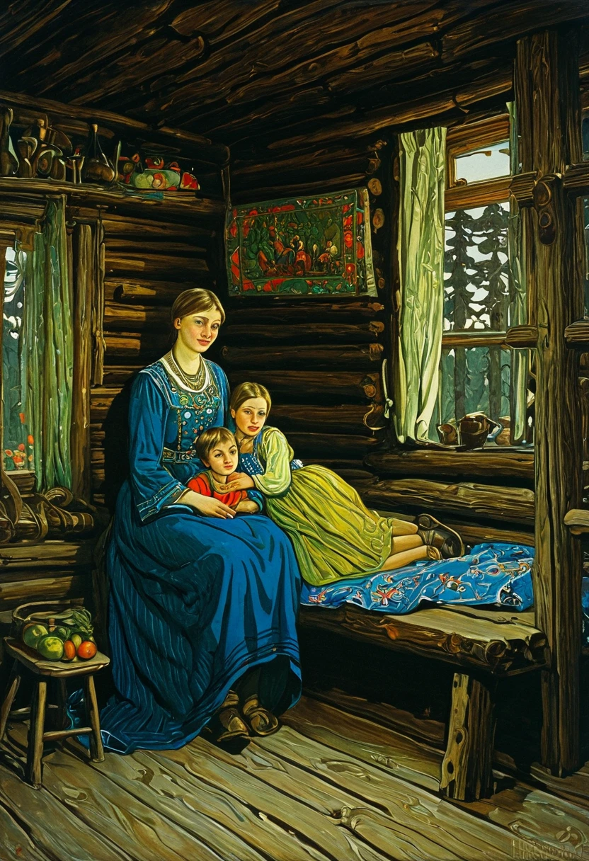 a painting of a woman and two children in a cabin, russian folk fairytale, by Ivan Bilibin, slavic folk fairytale, by Fyodor Alekseyev, by Grytė Pintukaitė, inspired by Ivan Bilibin, by Ilya Glazunov, by Stanislav Zhukovsky, by Vassily Maximov
