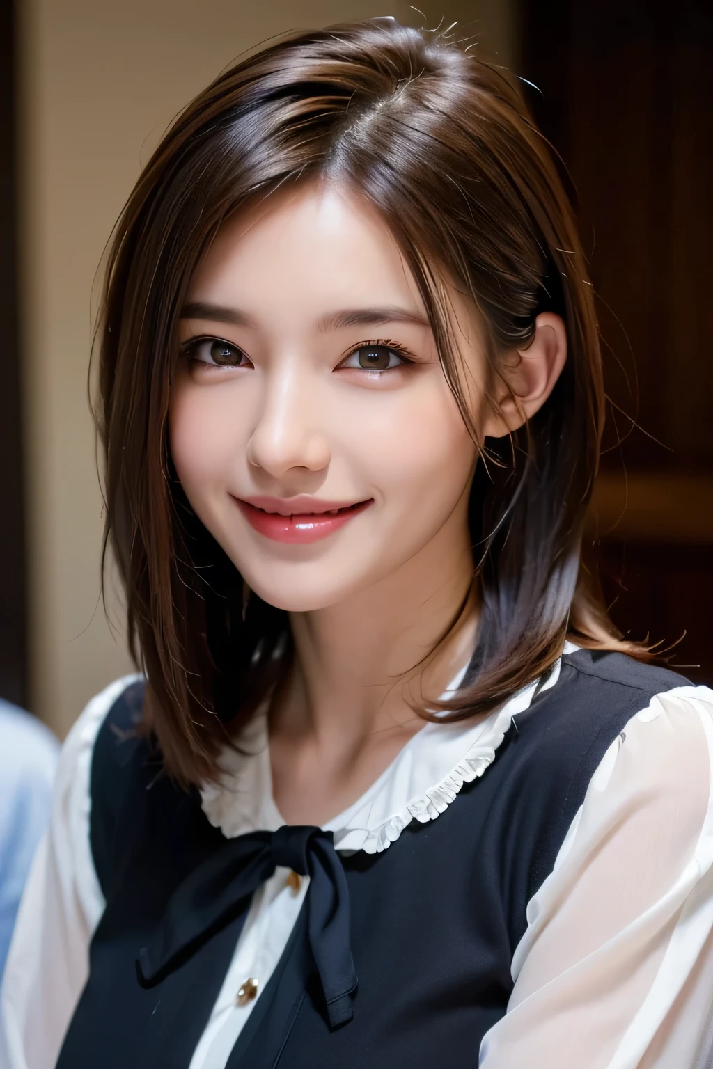 ((masterpiece)), ((Highest quality)), ((Complex)), ((Surreal)), (Realistic), (Mature Woman), ((No classes)), Very detailed, (1 female), Beautiful and exquisite, (Beautiful Teeth), Grin, Brunette Bob Hair, Brown eyes, ((blouse)), (Upper Body), (background:none), Perfect Eyes, Captivating eyes, Looking at the audience
