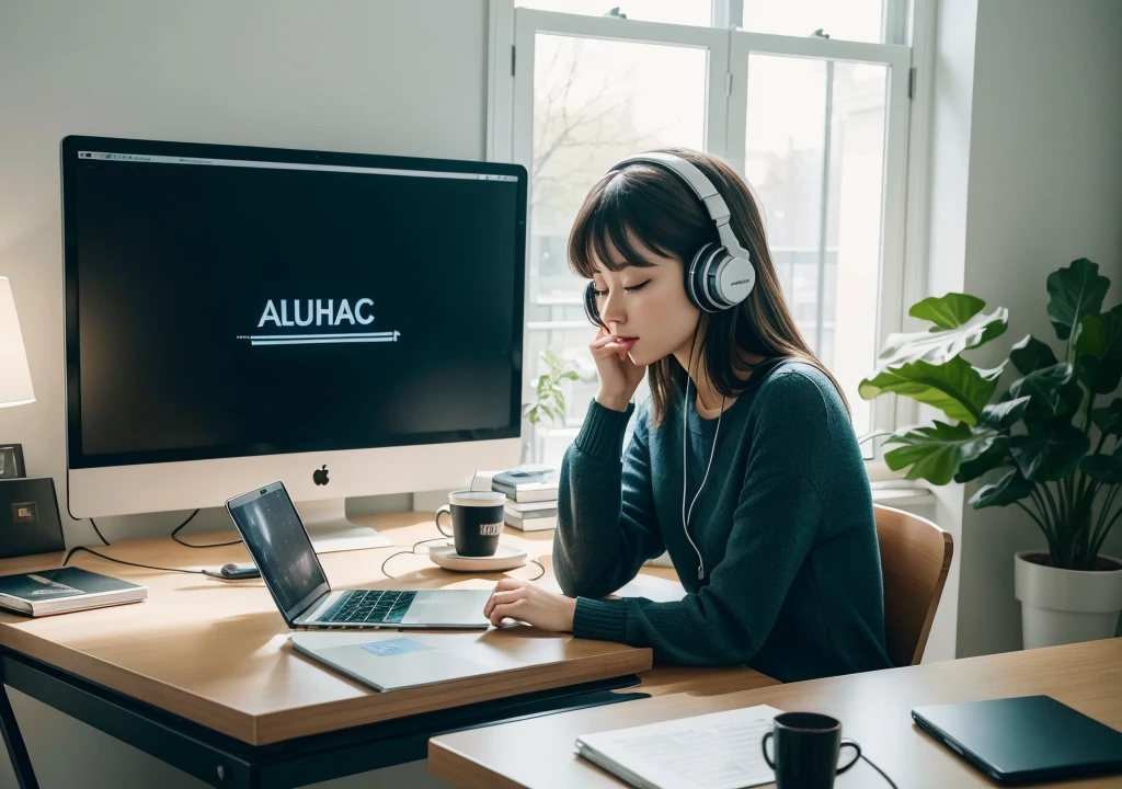 Create a realistic 4K YouTube thumbnail to attract clicks. The title is "Focus Music for Studying - Alpha Binaural Beats for Concentration and Flow." The thumbnail should feature a serene study environment with a modern desk setup, including a laptop, notebooks, and a cup of coffee. In the foreground, show a person in their mid-20s with headphones on, looking focused and engaged. Use warm, soothing colors like blues and greens, with soft, natural lighting. Add the title text in bold, easy-to-read font, ensuring it stands out without covering main elements. Include subtle musical notes or soundwave graphics.