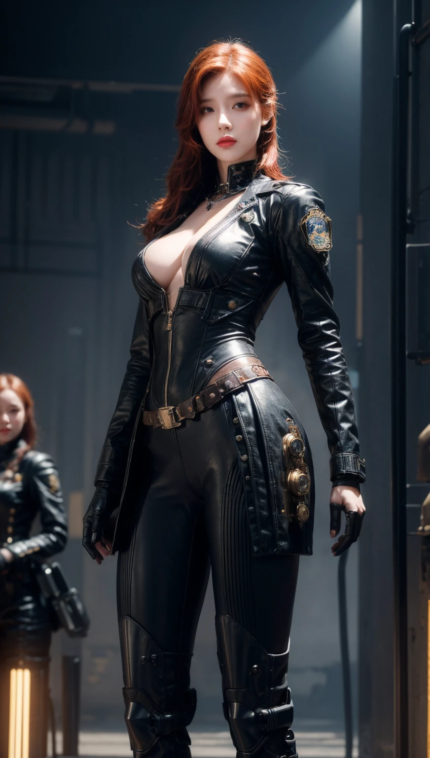 there is a woman standing in front of a group of robots, steampunk male portrait, compositing, beautiful android woman, stormy and grand war scene, inspired by Richard Avedon, a black dieselpunk policewoman, redhead woman, girl in suit, intricate fashion clothing, beautiful female soldier