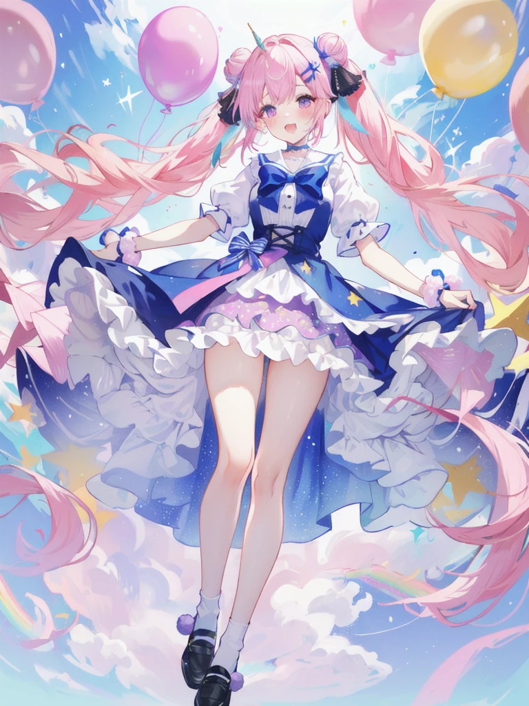 (whole body, legs and shoes visible: 1.2)) Expressive eyes, One girl, Pale skin, Long Hair, Windblown Hair, ((absurdly Long Hair)), Long Side Lock, Princess bangs, Hair bangs, Hair Bun, ((Very long twin tails)), Rainbow Hair, Light pink hair, blush, full face blush, big sparkling Pastel Purple eyes, (Gradient Eye), Laughing with your mouth open, cute pose, ((Holding a balloon : 1.3)) ((cute and pastel fashion)) ((🦄🎠🎈🎉 theme : 1.4)) A loose pastel dress, ((Dreamy multi-colored open dress)), (Floating ribbon), Lavender Frill, Pink frills, (Light blue lace), Removable short sleeves, Fluffy skirt, ((Rainbow and star printed skirt : 1.3)), ta Skirt, Purple ribbon, ((pom pom ribbon hair ornament : 1.4)), Multiple Bows, Striped lace stockings, (heart型のレッグガーター), cute (Pastel Purple) shoes ((Ultra-detailed clothing and fashion)) I'm watching you, Vintage Girl, blush, (Beautiful attention to detail), (Highly detailed CG Unity 8k wallpaper) (Best Shadow), ((Very delicate and beautiful)), (Detailed light), ((Depth of written boundary)) Big Head, Big, bright eyes, Moe, Splash Art, Cinema Lighting, Front view, volumetric lighting maximalist photo illustration k resolution high resolution intricate detailed complex key visuals precise linear ((Dreamy pastel sky background, Surrounded by sunset clouds, shooting star, Castle above the clouds)) ((Ultra-detailed landscapes, Foggy clouds, Hung by balloons, heart : 1.3))