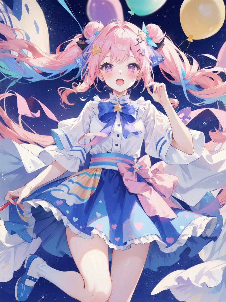 (whole body, legs and shoes visible: 1.2)) Expressive eyes, One girl, Pale skin, Long Hair, Windblown Hair, ((absurdly Long Hair)), Long Side Lock, Princess bangs, Hair bangs, Hair Bun, ((Very long twin tails)), Rainbow Hair, Light pink hair, blush, full face blush, big sparkling Pastel Purple eyes, (Gradient Eye), Laughing with your mouth open, cute pose, ((Holding a balloon : 1.3)) ((cute and pastel fashion)) ((🦄🎠🎈🎉 theme : 1.4)) A loose pastel dress, ((Dreamy multi-colored open dress)), (Floating ribbon), Lavender Frill, Pink frills, (Light blue lace), Removable short sleeves, Fluffy skirt, ((Rainbow and star printed skirt : 1.3)), Lolita Skirt, Purple ribbon, ((pom pom ribbon hair ornament : 1.4)), Multiple Bows, Striped lace stockings, (heart型のレッグガーター), cute (Pastel Purple) shoes ((Ultra-detailed clothing and fashion)) I'm watching you, Vintage Girl, blush, (Beautiful attention to detail), (Highly detailed CG Unity 8k wallpaper) (Best Shadow), ((Very delicate and beautiful)), (Detailed light), ((Depth of written boundary)) Big Head, Big, bright eyes, Moe, Splash Art, Cinema Lighting, Front view, volumetric lighting maximalist photo illustration k resolution high resolution intricate detailed complex key visuals precise linear ((Dreamy pastel sky background, Surrounded by sunset clouds, shooting star, Castle above the clouds)) ((Ultra-detailed landscapes, Foggy clouds, Hung by balloons, heart : 1.3))