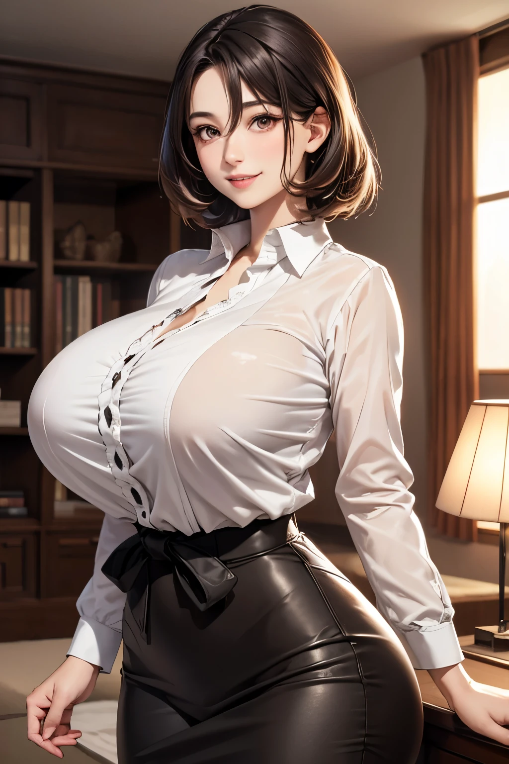 (超High resolution,4K,Very detailed, photograph, 8k, High resolution, High resolution, Absurd:1.2),25 year old Japanese woman,Black Hair,Beautiful character design,Beautifully detailed eye depiction,Perfect Face,Expressive eyes,Brown eyes,Please smile with your teeth showing,banker,A business-style collared shirt that fits snugly against the skin,Fitted Spandex Apricot Pencil Skirt,(Huge breasts:1.5),Tight waist,Mature Woman,Natural smile,at living room,evening