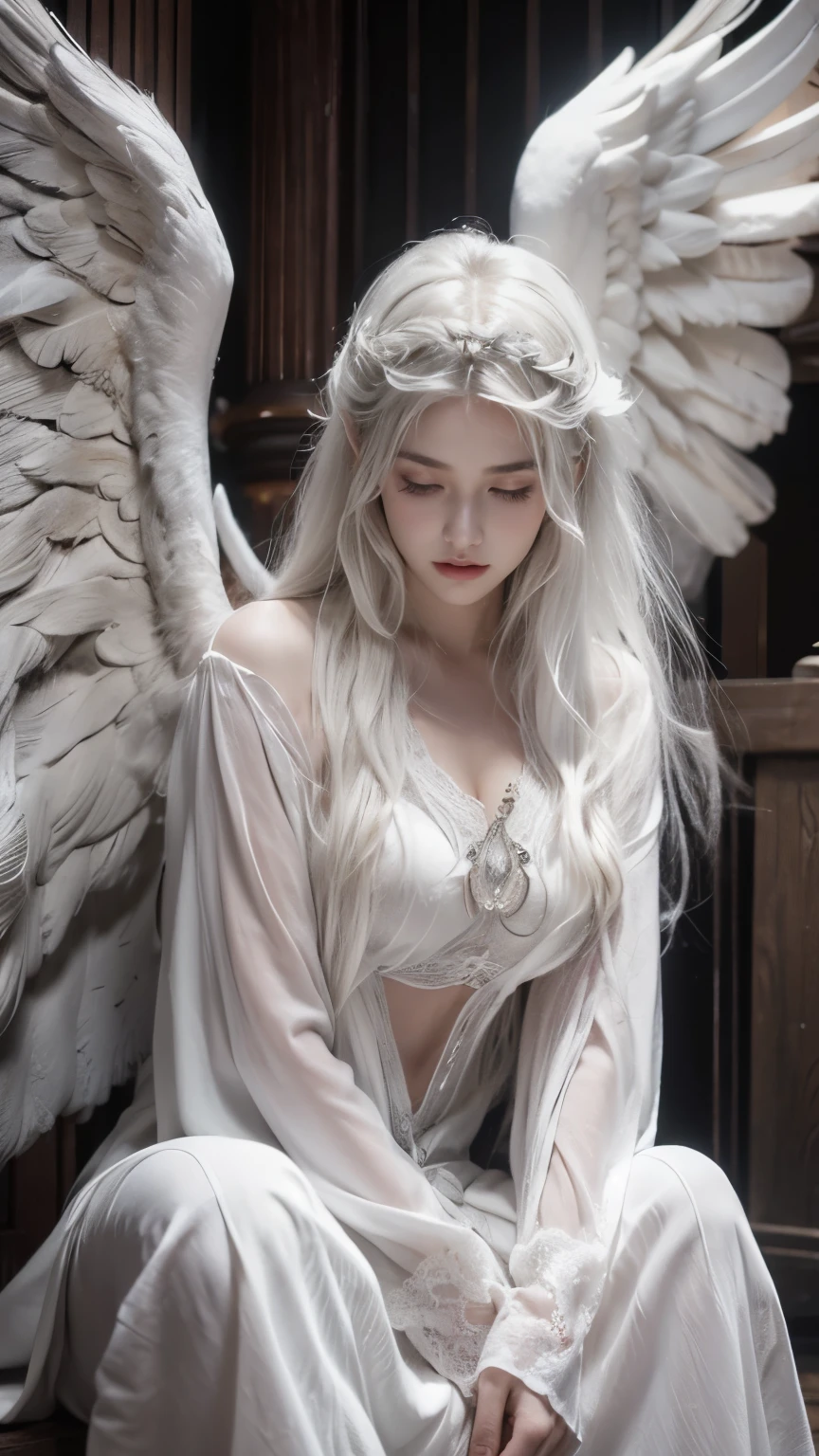 A highly detailed 21yo girl of an angel with a modern twist. The angel has long, flowing white hair and large, intricately carved large wings, natural medium breast,wear a white cloth. She is crouched down on a rooftop, exuding a sense of calm and contemplation. Her expression is serene yet slightly melancholic. The background features Gothic architectural elements, enhancing the ethereal and slightly rebellious atmosphere of the scene.