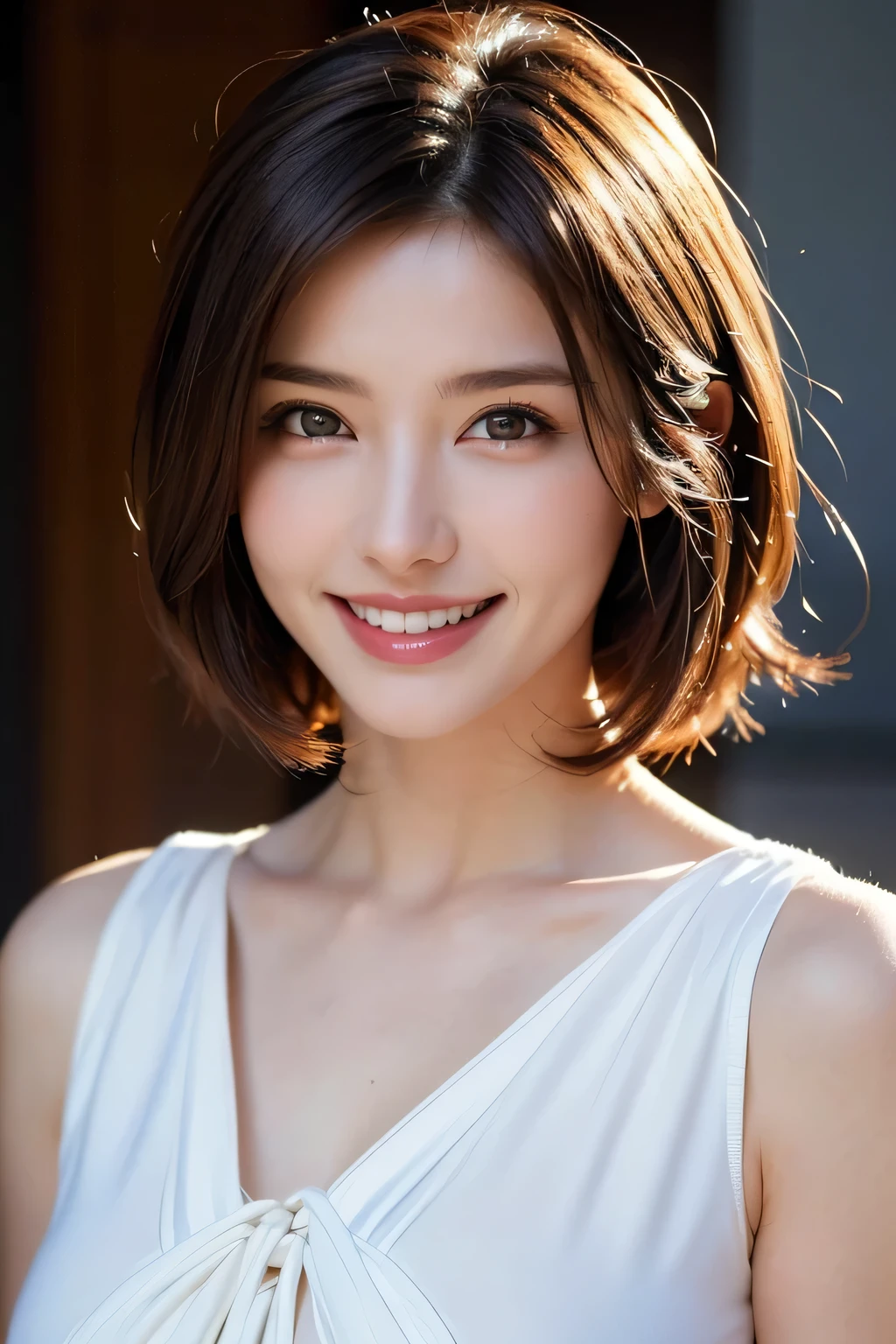 ((masterpiece)), ((Highest quality)), ((Complex)), ((Surreal)), (Realistic), (Mature Woman), ((No classes)), Very detailed, (1 female), Beautiful and exquisite, (Beautiful Teeth), Grin, Brunette Bob Hair, Brown eyes, ((blouse)), (Upper Body), (background:none), Perfect Eyes, Captivating eyes, Looking at the audience