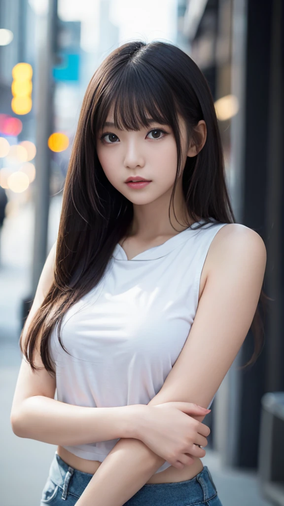 RAW Image Quality、8k resolution、Ultra-high-definition CG images、Skyscraper street at night、moonlight、Beautiful 25 year old woman、Beautiful eyes in every detail、Beautiful beautiful medium hair、Transparent muscle、Oversized front open hoodie、Lightweight cropped tank top、huge 、Depth of Field Astepiece、24K Graphic Arts、Carefully drawn background、Configuration with depth、