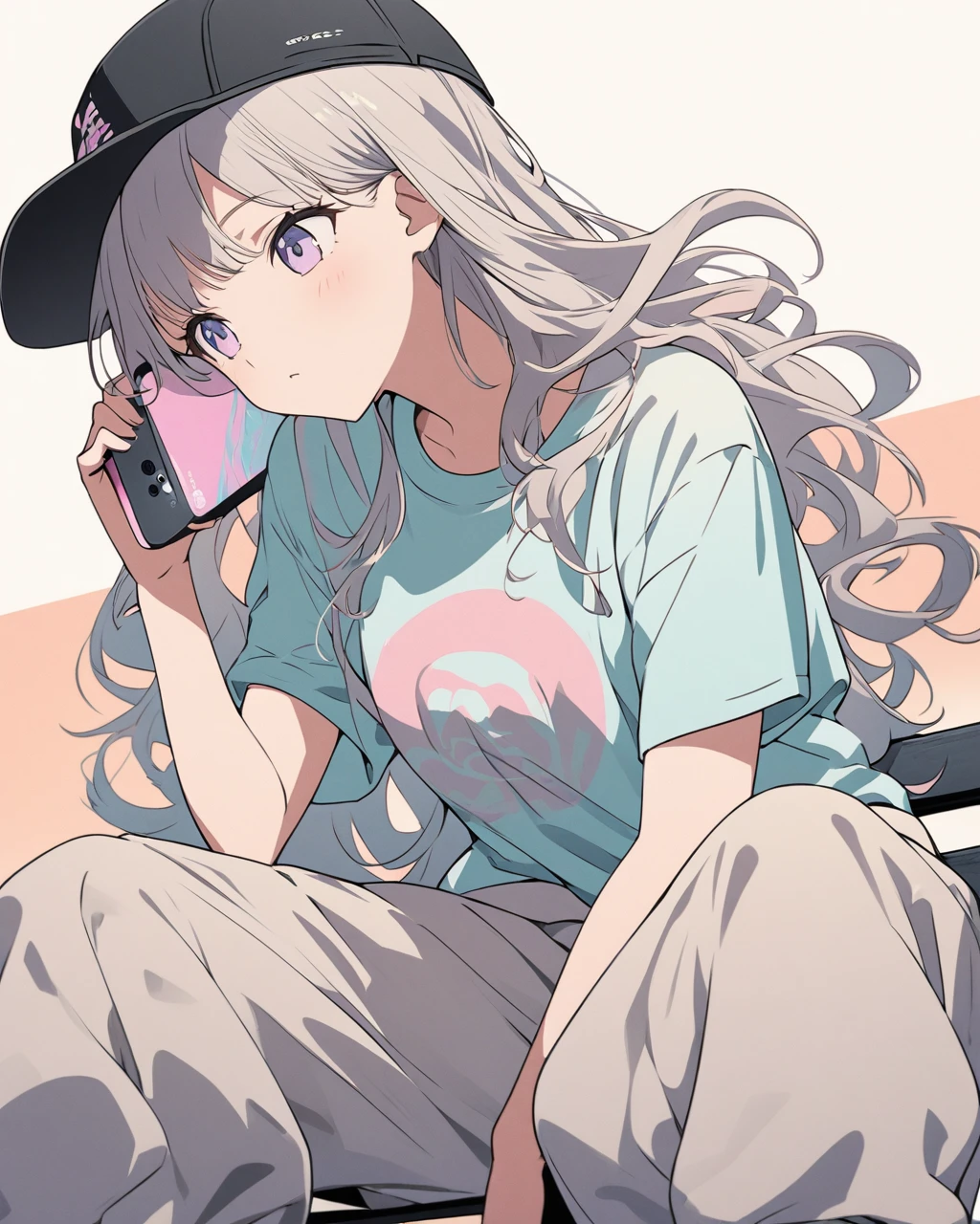 Create a detailed anime illustration of a girl with long, flowing hair and a casual streetwear outfit, including a baseball cap, baggy pants, and a graphic t-shirt. She is seated on a bench, holding a mobile phone can, with a serene expression. Use a two-tone pastel background to highlight the modern and minimalist setting