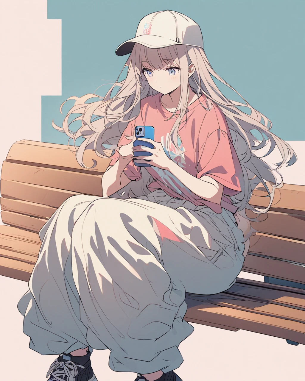 Create a detailed anime illustration of a girl with long, flowing hair and a casual streetwear outfit, including a baseball cap, baggy pants, and a graphic t-shirt. She is seated on a bench, holding a mobile phone can, with a serene expression. Use a two-tone pastel background to highlight the modern and minimalist setting