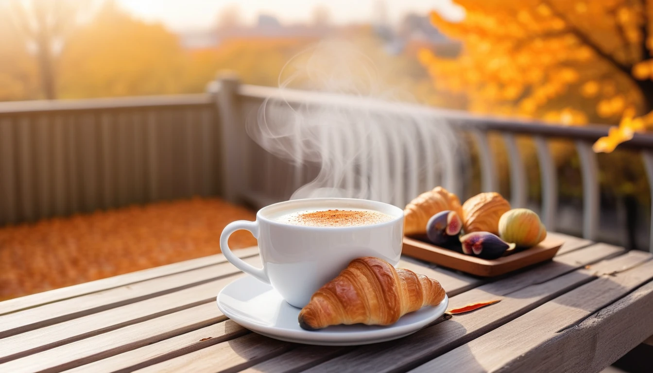 Create an image of a cozy autumn atmosphere by featuring a steaming white cup on a wooden coaster.first person view, The cup is adorned with a design of fallen leaves that matches the orange leaves scattered around it and freshly baked croissants ,Ripe and cut figs lie nearby, and the scene is illuminated by the warm light of the morning sun, which hints at a peaceful morning atmosphere. This atmosphere is enhanced by the potted plants that add to the serene atmosphere. and the beautiful natural scenery in the background.