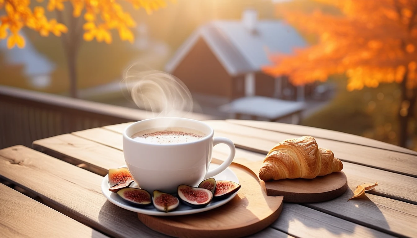 Create an image of a cozy autumn atmosphere by featuring a steaming white cup on a wooden coaster.first person view, The cup is adorned with a design of fallen leaves that matches the orange leaves scattered around it and freshly baked croissants ,Ripe and cut figs lie nearby, and the scene is illuminated by the warm light of the morning sun, which hints at a peaceful morning atmosphere. This atmosphere is enhanced by the potted plants that add to the serene atmosphere. and the beautiful natural scenery in the background.