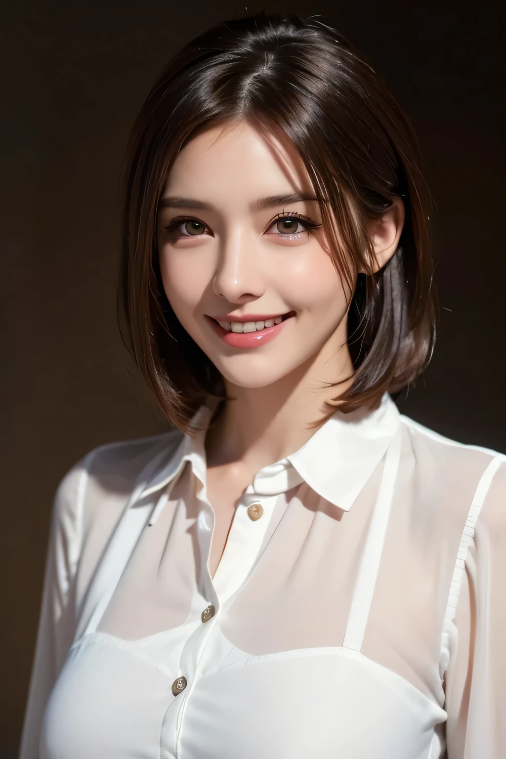 ((masterpiece)), ((Highest quality)), ((Complex)), ((Surreal)), (Realistic), (Mature Woman), ((No classes)), Very detailed, (1 female), Beautiful and exquisite, (Beautiful Teeth), Grin, Brunette Bob Hair, Brown eyes, ((blouse)), (Upper Body), (background:none), Perfect Eyes, Captivating eyes, Looking at the audience