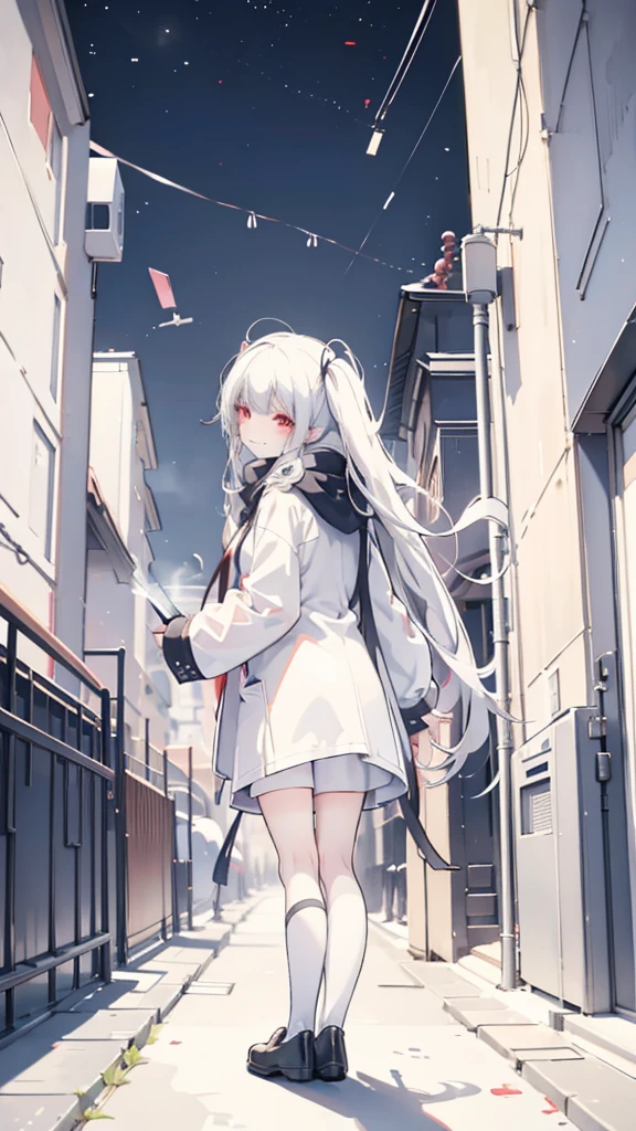 White hair, girl, twin tails, scarf, red eyes, back alley, smoking, turning around, smiling face