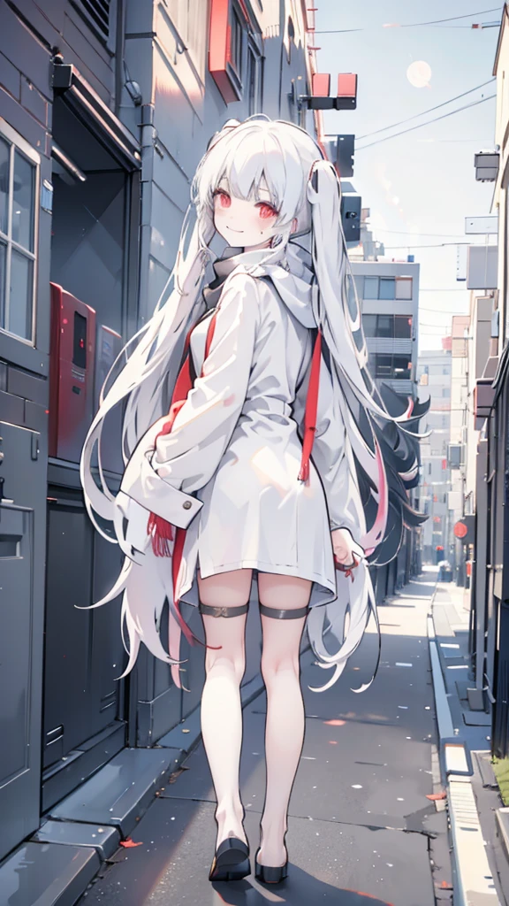 White hair, girl, twin tails, scarf, red eyes, back alley, smoking, turning around, smiling face