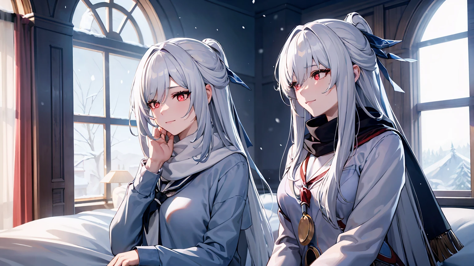 masterpiece, best quality, JingliuV5, white hair, long hair, red eyes, white dress, white sailor collar, white scarf, sitting on bed, indoors, bedroom, windows, blue sky, winter, snow, warm smile, upper body. closed mouth,