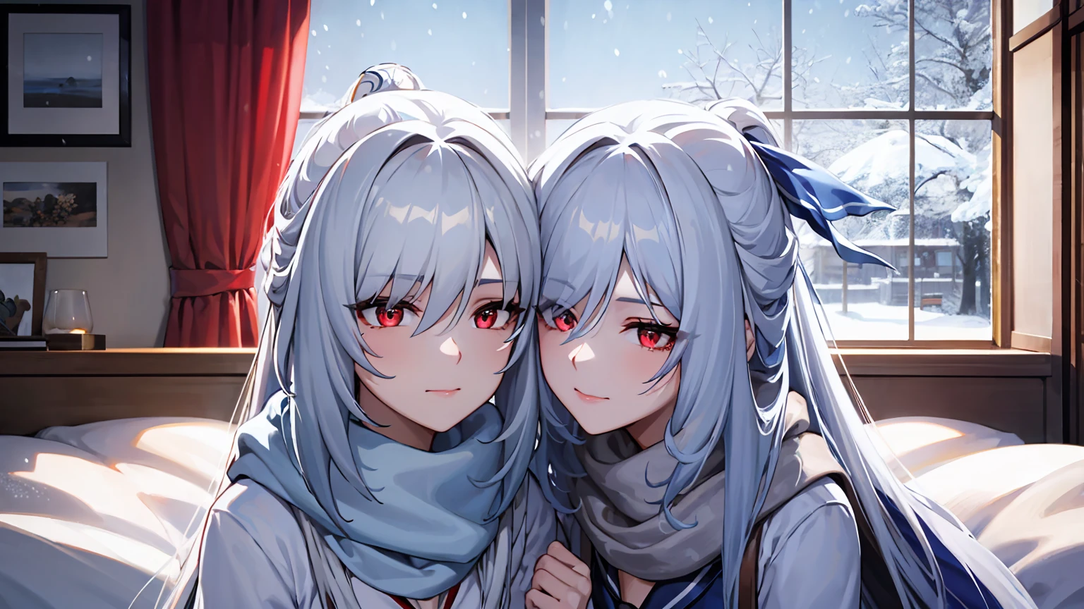 masterpiece, best quality, JingliuV5, white hair, long hair, red eyes, white dress, white sailor collar, white scarf, sitting on bed, indoors, bedroom, windows, blue sky, winter, snow, warm smile, upper body. closed mouth,